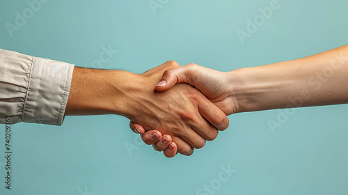 Close up of a handshake against a white background