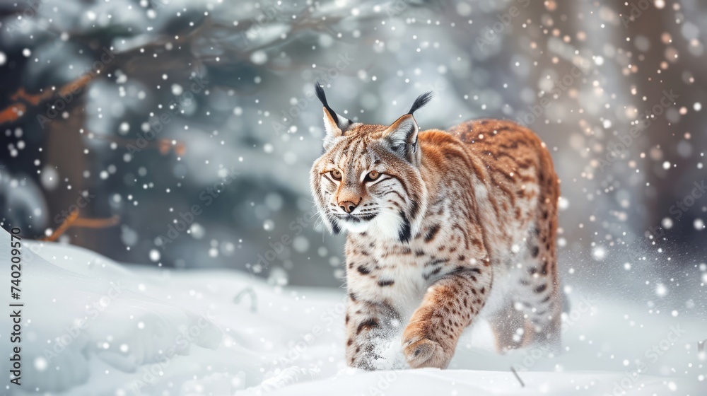 Snow nature. Lynx face walk. Winter wildlife in Europe. Lynx in the snow, snowy forest in February. Wildlife scene from nature, Slovakia. Winter wildlife in Europe