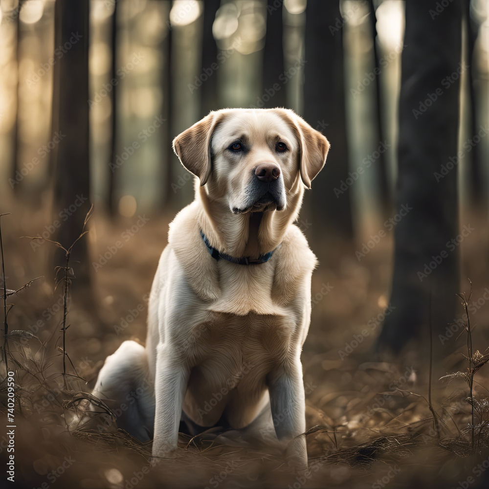 Portrait of a walking Labrador dog in the park.