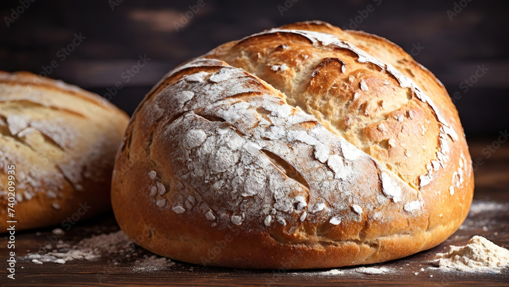 Balanced Fresh rustic bread on dark wood background with flour