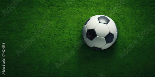 Close up of Soccer Ball on Green Grass Background. Top View of Soccer Ball on Grass Field with Copy Space. Generative AI