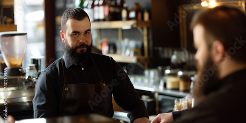 Portrait of handsome bearded barista man small business owner taking order with customer behind the counter bar in cafe. Coffee shop