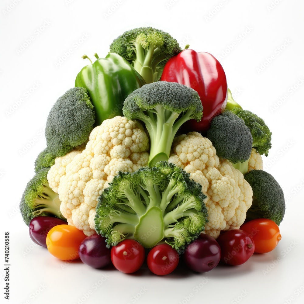 The image showcases a vibrant pile of fresh vegetables, including cauliflower at the base, surrounded by cherry tomatoes in shades of red, orange, and yellow, with broccoli florets interspersed throug The image showcases a vibrant pile of fresh vegetables, including cauliflower at the base, surrounded by cherry tomatoes in shades of red, orange, and yellow, with broccoli florets interspersed throug