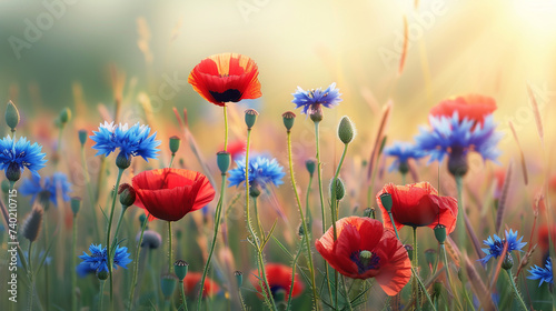 Red poppy and blue cornflowers on a field. Natural banner.