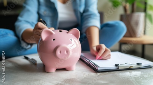 A pink piggy bank, a woman in the living room writing her household budget in a notebook
