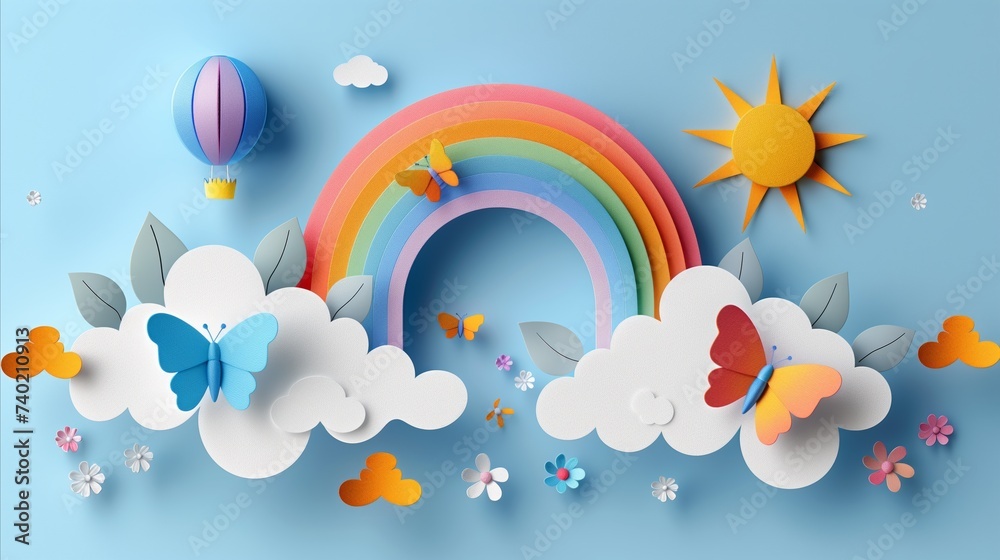 Colorful Paper Art Depicting Rainbow, Clouds, and Butterflies in a Sky-Themed Composition Colorful Paper Art Depicting Rainbow, Clouds, and Butterflies in a Sky-Themed Composition