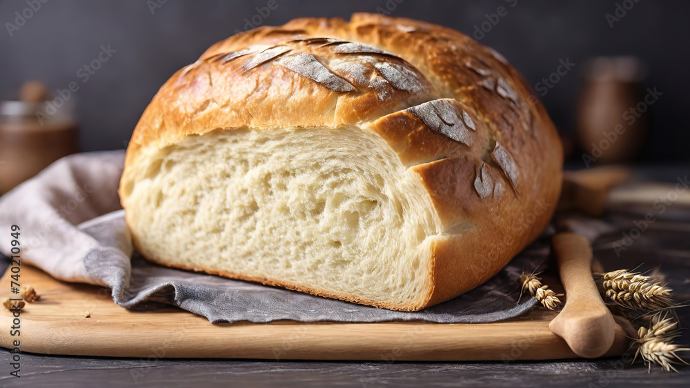 Glorious Fresh homemade bread on dark table