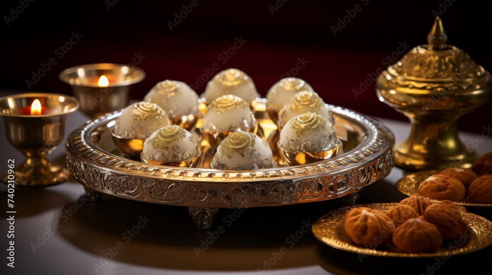Table Topped With Silver Bowls Filled With Food Table Topped With Silver Bowls Filled With Food