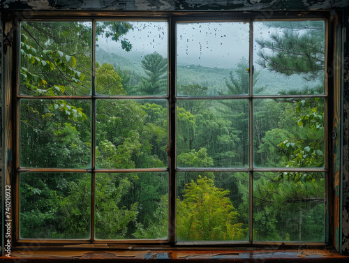 Rainy day scene through a window overlooking a dense forest highlighting the tranquility of nature in rain