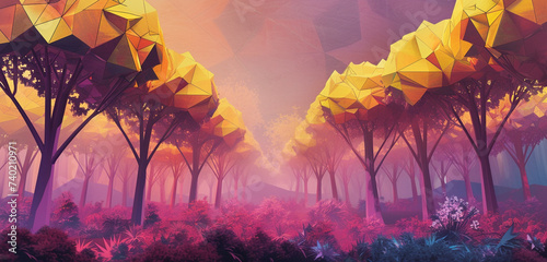 A dense jungle of geometric trees, their sharp, angular leaves a bright yellow against a soothing, dark mauve sky photo