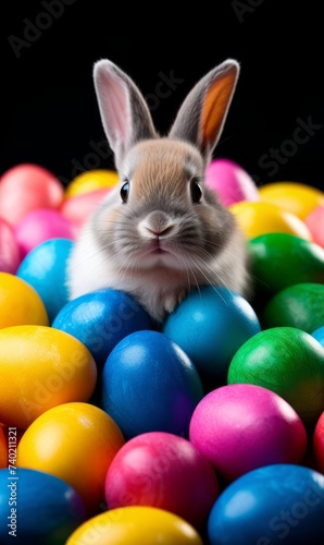 Easter bunny and colored eggs, Happy Easter, spring, flowers, pink pastel colors