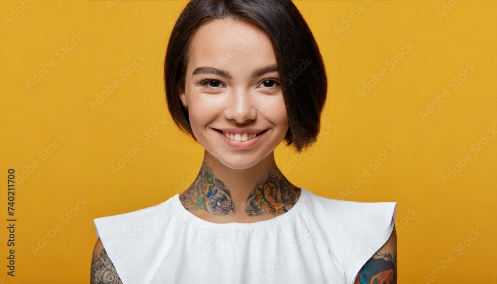 Young Smiling pretty girl beauty female gen z model beautiful face healthy skin and tattoo looking at camera wearing white top isolated at dark yellow background - obrazy, fototapety, plakaty 
