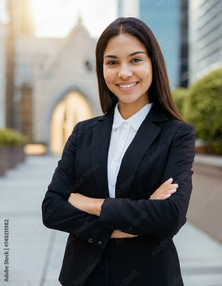 Young happy pretty smiling professional business woman, happy confident positive female entrepreneur standing outdoor on street hands in hair Young happy pretty smiling professional business woman, happy confident positive female entrepreneur standing outdoor on street hands in hair