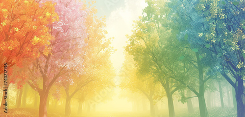 A depiction of a magical forest with trees that have leaves in all the colors of the rainbow, representing diversity and unity with the background fading from light green to pale yellow