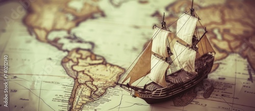 A model ship rests on a detailed map of the world, showcasing timeless charm and the spirit of exploration. The combination of the old ship and map invites viewers to appreciate the magnificence of
