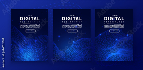 Poster brochure cover banner presentation layout template, technology digital futuristic internet network connection blue background, abstract cyber future tech communication, Ai big data science 3d