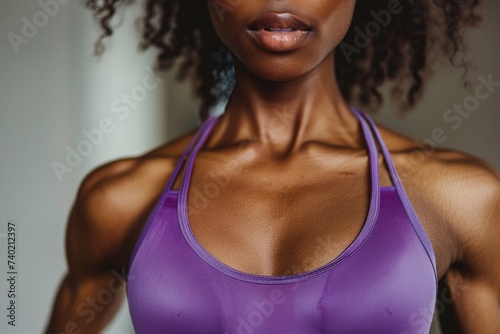 African American fit model in purple top. photo