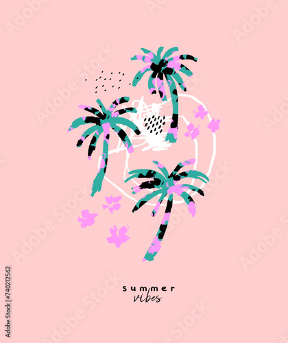 Trendy Art "Summer Vibes". Hand Drawn Vector Print with Palm Trees and Flowers. Abstract Doodle Drawing-like Tropical Beach Illustration. Blue Palms on a Light Pink Background.Summer Time Design.RGB. 