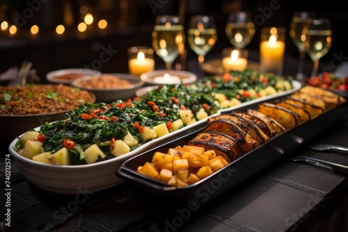 food on the festive table with drinks and candles, Friendsgiving, holiday, party food ideas concept.