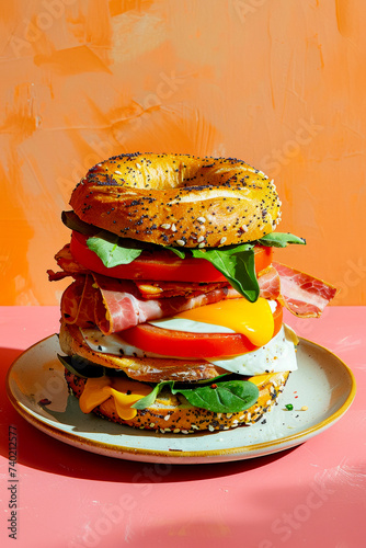 Vertical shot of a sumptuous bagel sandwich beautifully arranged on a plate against a light background photo