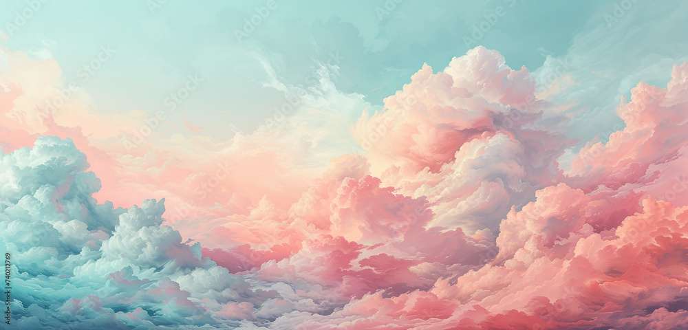 A dreamy cloudscape painted in pastel colors, evoking the light-hearted vibe of a dancehall festival with the sky transitioning from baby pink to light blue - obrazy, fototapety, plakaty 