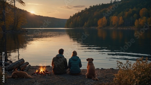 Back view of couple and dog sitting by campfire on lake shore
