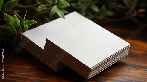 Corporate branding business card mockup photo with blank white paper on a table in beautiful background 