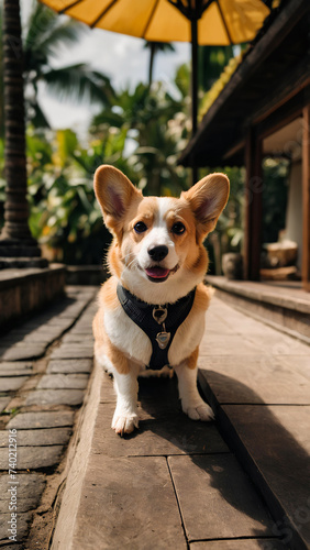 Cute corgi dog sits in the tropic park. Concept of summer vacation with animals