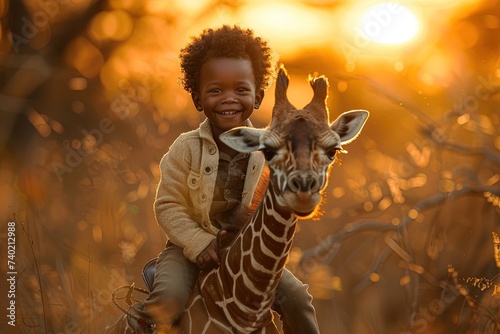 Happy boy riding in the back of a giraffe. © Bargais