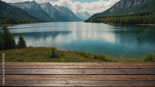 Empty wooden table overlooking mountain and lake