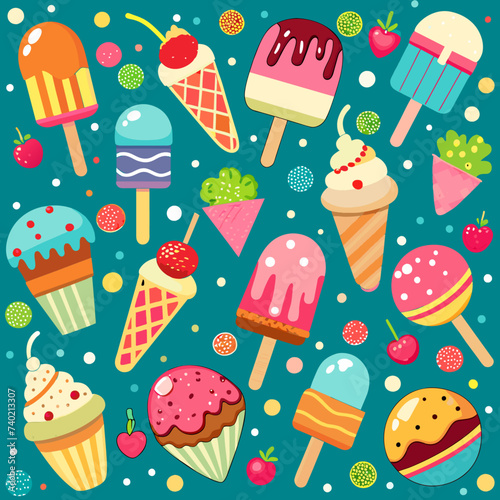 Helados y dulces. Postre. Helado de chocolate y frutilla. Cereza. Patrón de dulces. Paleta de helado.