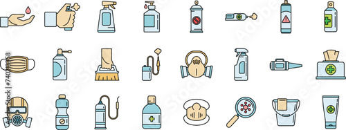 Home disinfection icons set. Outline set of home disinfection vector icons thin line color flat on white