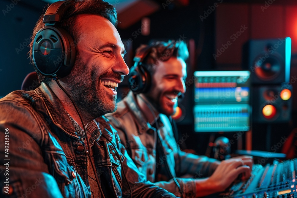 A diverse group of men, each with their own unique human face, adorned in stylish clothing, passionately immersed in the world of music through their personal audio equipment at an indoor concert A diverse group of men, each with their own unique human face, adorned in stylish clothing, passionately immersed in the world of music through their personal audio equipment at an indoor concert