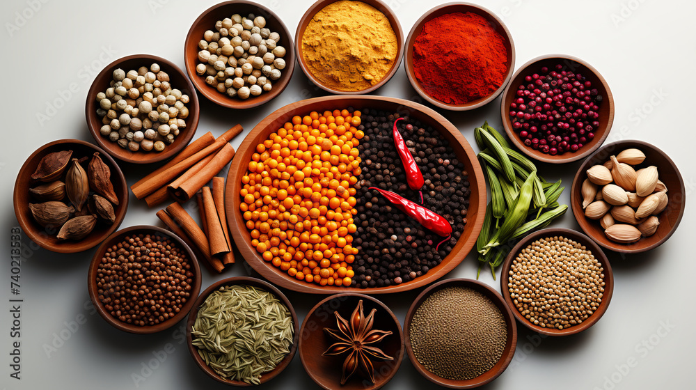 Spices and Flavors of the World: Exotic and aromatic spices in small bowls. Flat lay, top viev. Spices and Flavors of the World: Exotic and aromatic spices in small bowls. Flat lay, top viev.