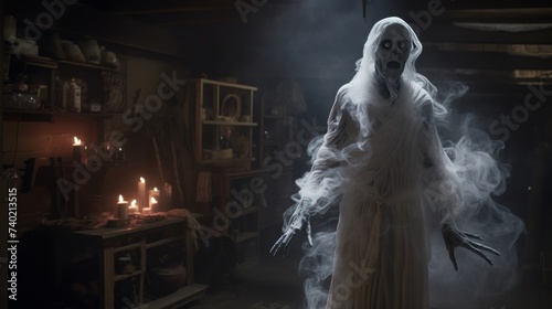 Woman Dressed as Ghost in Dark Room
