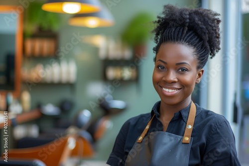A young woman stands in front of a wall inside a store, her face adorned with a bright smile as she wears a black apron, showcasing her friendly and welcoming demeanor as a store employee