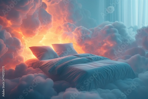 A bed with a blanket and pillows in the clouds.	