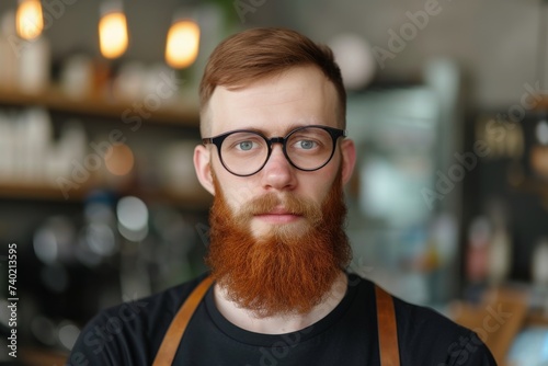 A wise and distinguished man with a well-groomed beard and glasses exudes confidence and intellect as he stands indoors wearing stylish clothing, his chin adorned with a full moustache