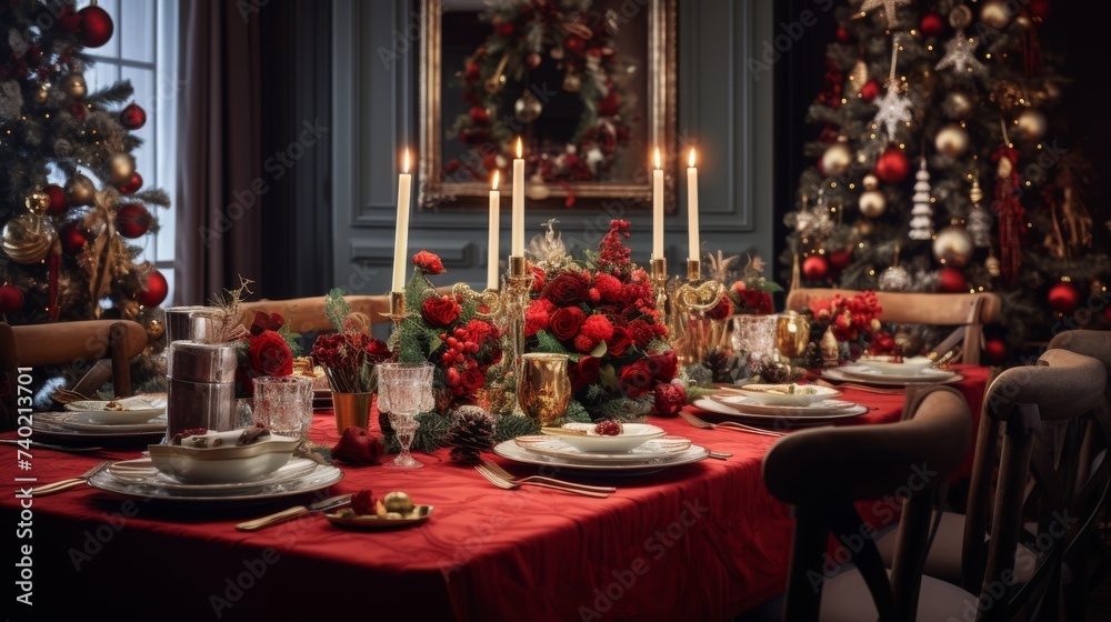 A Table Set for Christmas Dinner With a Christmas Tree in the Background A Table Set for Christmas Dinner With a Christmas Tree in the Background