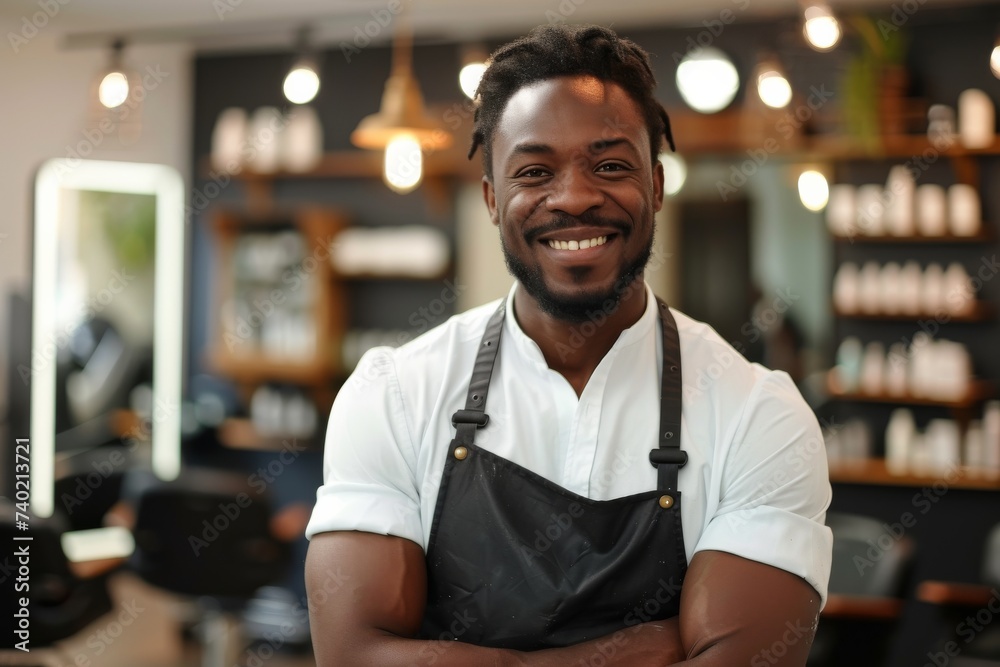 Fototapeta premium A man with a warm smile stands against an indoor wall, his black apron highlighting the humanity in his face as he gazes up at the high ceiling