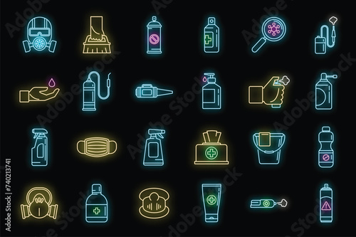 Home disinfection icons set. Outline set of home disinfection vector icons neon color on black