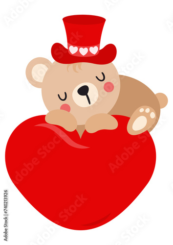 Cute teddy bear with red hat on top of big red heart