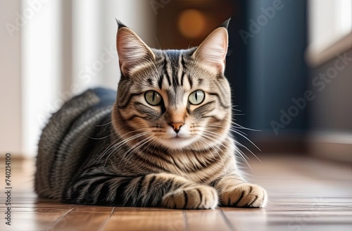 A tabby cat laying on the floor.