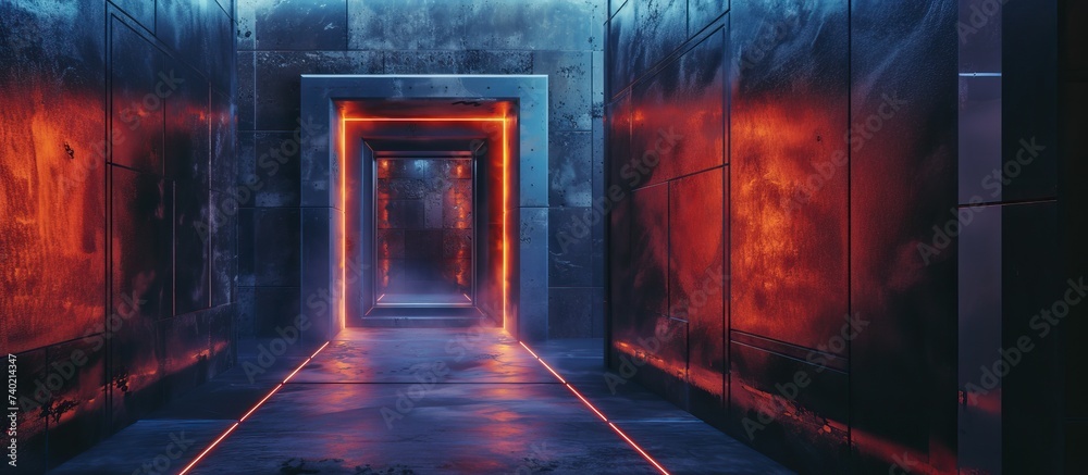 The image showcases a hallway that appears to be part of a futuristic or science fiction setting. The walls are metallic with patterns that could be panels or reinforcements, suggesting an industrial 