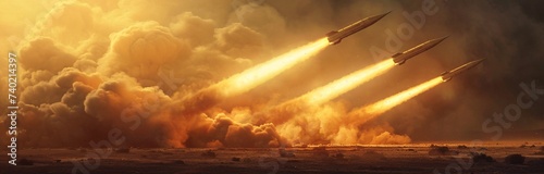 Amidst a cloud of smoke and fiery explosion, a powerful rocket blasts off from a missile, transporting its weapon payload towards the sky as a plane flies overhead in the open air
