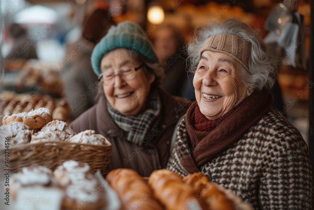 Two women share a joyful moment as they indulge in delectable treats at an indoor bakery market, their beaming smiles and stylish attire adding to the warm and inviting atmosphere Two women share a joyful moment as they indulge in delectable treats at an indoor bakery market, their beaming smiles and stylish attire adding to the warm and inviting atmosphere