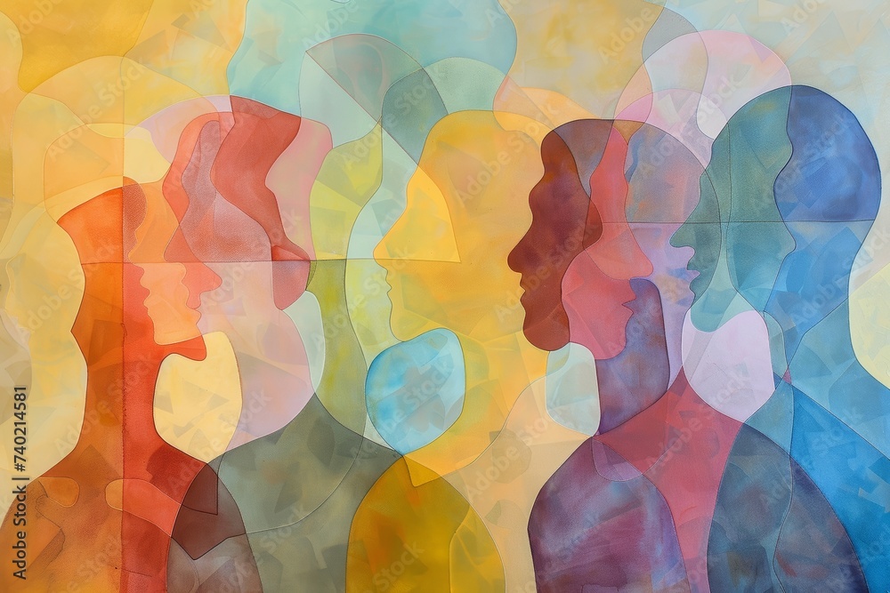 Kaleidoscopic view of human profiles rendered in a warm spectrum of colors, symbolizing the diverse facets of human identity and interaction - obrazy, fototapety, plakaty 