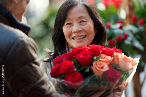 A woman's joy radiates as she holds a stunning bouquet of red garden roses, carefully arranged with artificial flowers and delicate petals, showcasing her passion for floral design and adding a touch