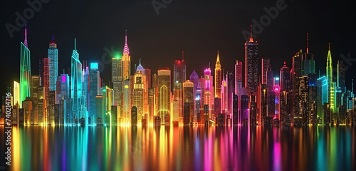 A futuristic cityscape at night, illuminated by neon lights in a spectrum of amoled colors, with a black sky background, depicting the skyline in hyper-realistic 3D detail, in 8K resolution