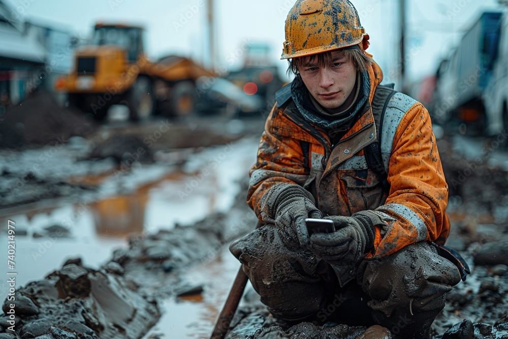 Construction worker holding a smartphone. Construction worker holding a smartphone.
